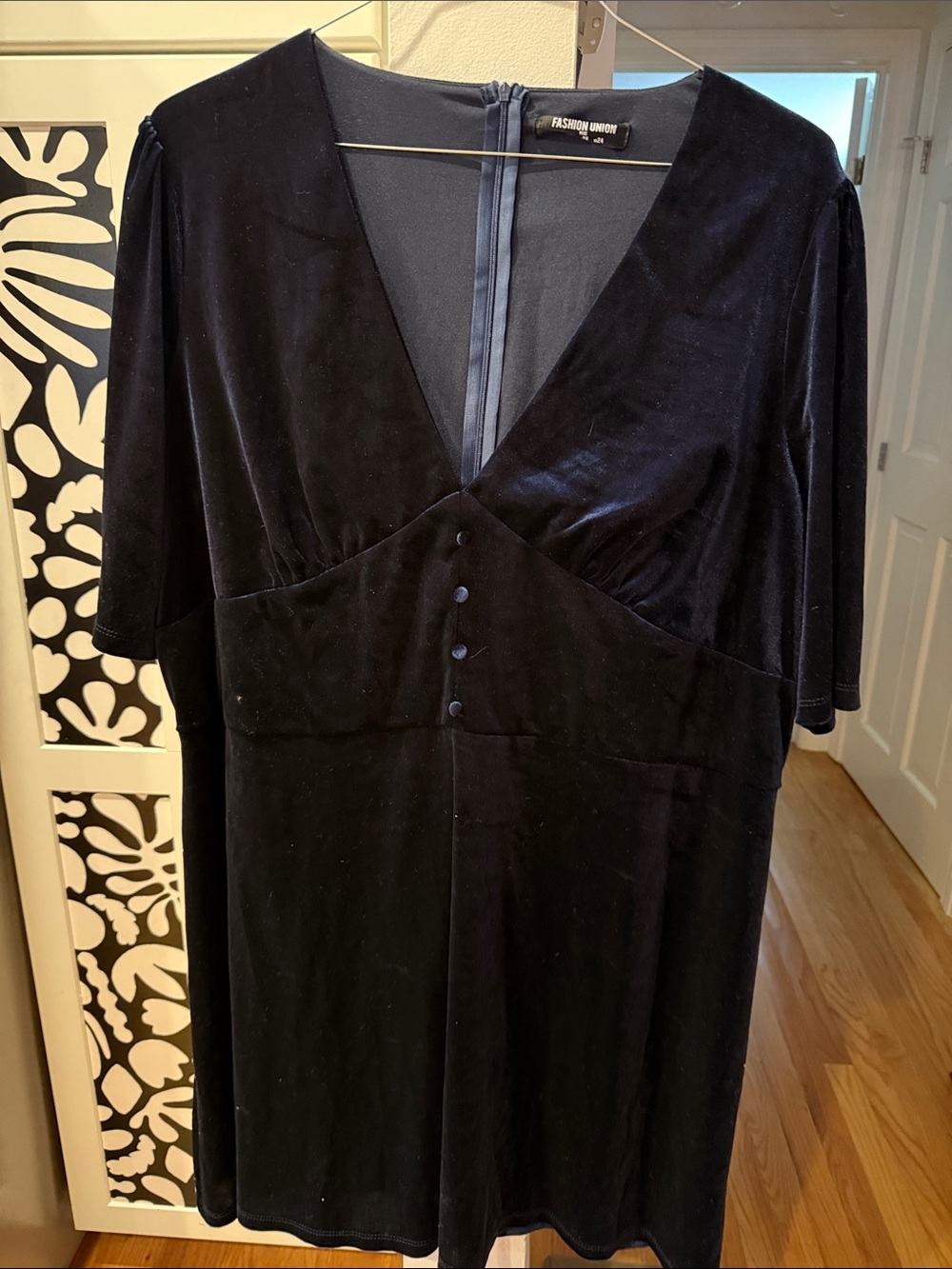 asos navy velvet like dress with detailed button bust
